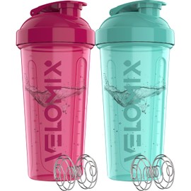 VELOMIX -2 Pack- 28 oz Protein Shaker Bottles for Protein Mixes - 2x Wire Whisk | Leak Proof Shaker Cups for Protein Shakes | Protein Shaker Bottle Pack (Purple/Turquoise)