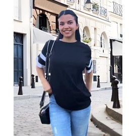 Oversized Tshirts for Women Summer Round Neck Striped Loose Tee Tops, Pure Black, 3XL