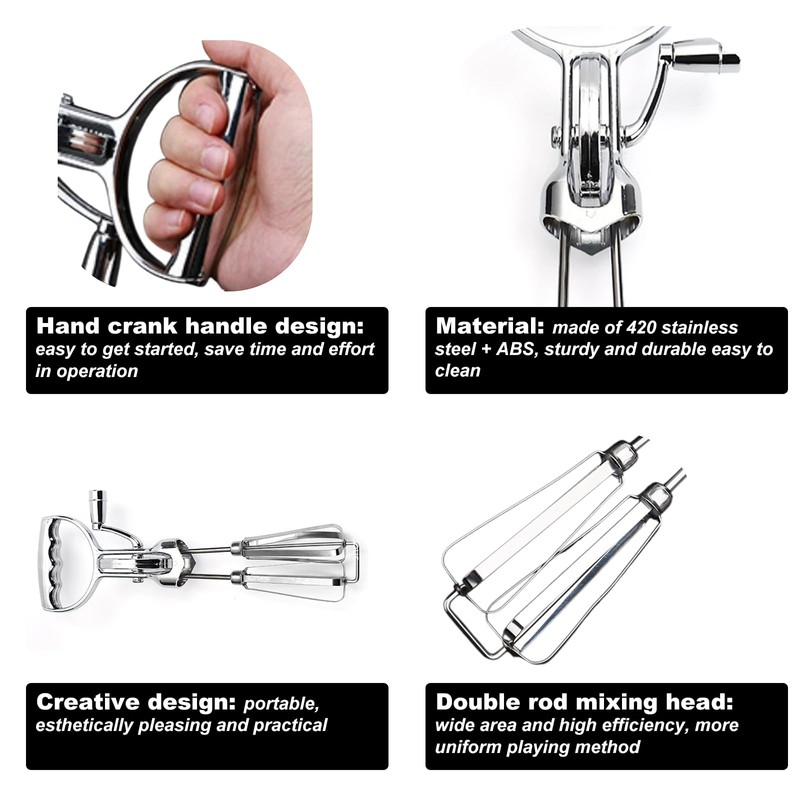 2024 Upgrade Stainless Steel Egg Beater, Rotary Whisk, Easy to