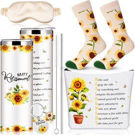 Patelai 5 Pcs Retirement Gifts for Women 2025 Funny Sunflower Retired Gifts for Employee Coworker Teacher Nurses Boss Friends Mom Grandma with 20oz Tumbler, Makeup Bag, Keychain, Socks, Sleep Mask