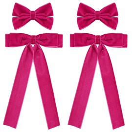 Velvet Ribbon Hair Bows Clips 4pc Assorted Colors 2 Sizes 4.5" & 3.14" Long Tail Dress Bow Alligator Barrettes,School Uniform Ponytail Accessory for Girls Kids Teens Women Gift Set (Hot Pink)