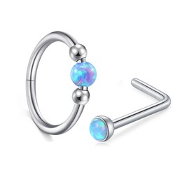 MODRSA 18g Opal Nose Ring Opal Nose Stud L Shaped Opal Nose Hoop Clicker Silver Nose Rings for Women Cartilage Hoop Earring Cartilage Hoop Helix Hoop Earring Opal Blue Daith Earring Hoop 5/16"