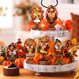 DoubleFill 6 Pcs Thanksgiving Decorations Wooden Turkey Table Centerpieces Fall Tiered Tray Decor Thanksgiving Turkey Standing Wooden Block Signs for Home Kitchen Tabletop Shelf