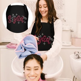 Coume 2 Pcs Hair Stylist Apron Hairstylist Salon Apron with Rhinestone Tools 3 Pockets Waterproof Hairdresser Barber(Pink,Trendy and Simple Style)