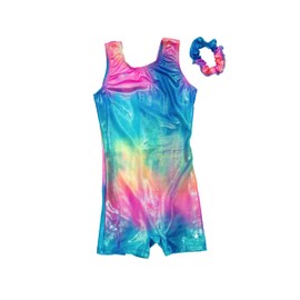 Destira Gymnastic Unitards for Girls with Matching Scrunchie, Rainbow Tie Dye - Biketard Athletic Wear, Gymnastics, Dance, Cheer, & More, Child XX-Small (3x)