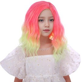 Edivd Kids Pink to Yellow Wig Short Pink Ombre Yellow Curly Wavy Wig for Girls Side Part Wigs for Children Heat Resistant Synthetic Hair with Cap
