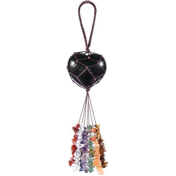 Nupuyai Obsidian Heart Stone Hanging Ornament, 7 Chakra Healing Crystals Tumbled Stones Crystal Tassels for Car & Home Decor, Reiki Yoga Meditation