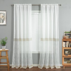 VOGOL White Curtains 96 Inches Long, Simple Style Soft Touch Jacquard Semi Sheer Curtain for Farmhouse Cafe Restaurant, Not See Trough Patchwork Sheer Voile for Kitchen, 2 Panels