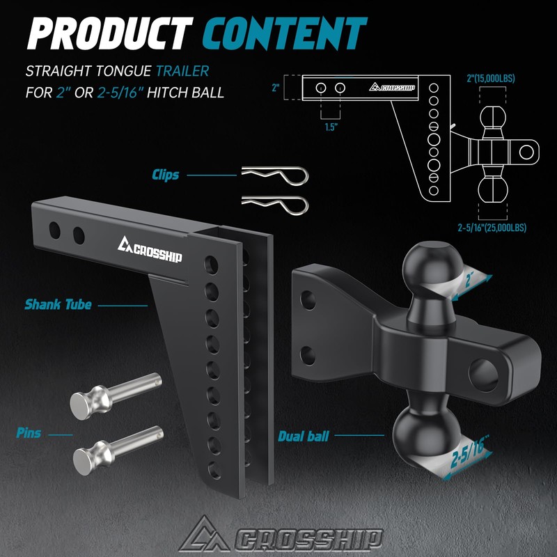 CROSSHIP Adjustable Trailer Hitch - Fits 2'' Receiver, 6'' Drop/Rise