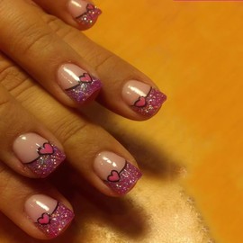 OHWODA Valentine’s Day Press on Nails Short Square Fake Nails, Cute Heart Press on Nails with Glitter French Tips Designs Glossy Pink Valentine’s Glue on Nails Acrylic False Nails for Women 24Pcs