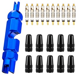 GAOLAOSY 21PCS Presta Car Valve Cores Repair Kit, Brass Valves Core Replacement with Wrench & 10 Stem Caps, Universal Valve Stem Removal Tool for Tubeless Road MTB Tires