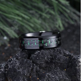 King Will 8mm Black Tungsten Carbide Rings for Men Men's Wedding Band with Black Green Carbon Fiber Inlaid Beveled Edge High Polished Finish Gentleman Comfit Fit, Size 10