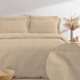 Pizuna 300TC Damask Check Super King Duvet Cover Set Taupe, 100% Long Staple Cotton Checke Taupe Bedding Set Lightweight Sateen Weave Duvet Cover Set with 4 Corner ties and Hidden Button Closure