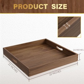 MAONAME Extra Large Square Ottoman Tray, 22" Acacia Wood Serving Tray for with Handles, Farmhouse Wooden Decorative Trays, Coffee Table Trays for Living Room, Countertop, Charcuterie