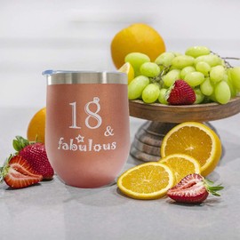 AIQIUQIU 18th Birthday Gifts for Girls, 18 & Fabulous 12oz Wine Tumbler with Lid, Funny Ideas 18st Birthday Gift for Girlfriend, Sister, Friends, Daughter, Her, Vacuum Insulated Coffee Cup, Rose Gold