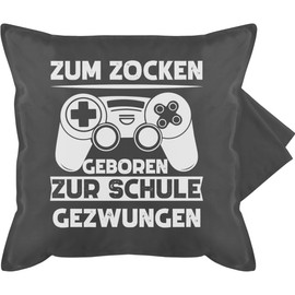 Cushion Cover – Statement Cushion with Sayings – Zum zocken geboren Schule gezwungen – 50 x 50 cm – Grey – Printed Gamer Cushion + Cushion + Saying, Gamer Cushion Cover