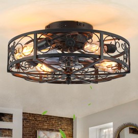 20'' Caged Ceiling Fan with Lights and Remote Control,Small Farmhouse Bladeless Low Profile Ceiling Fans Lights,Industrial Flush Mount Low Profile,Reversible Motor 6 Speeds for Bedroom,Living Room