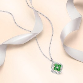 Free Bird 4 Leaf Clover Necklace, Women's "Symbol of Good Luck", 925 Silver, Metal Allergy, Pendant, Zirconia, Accessory, Birthday, Jewelry, Present, Women's Popular Gift, Synthetic Emerald, Created