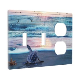 Nautical Ocean Teal Blue Beach Wave Turtles Tortoise 3 Gang 2-Toggle 1-Duplex Receptacle Light Switch Wall Plates and Outlet Cover Coastal Starfish Triple Device Combo Two Toggle One Receptacle Cover