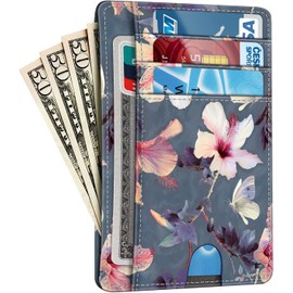 FINTIE Slim Minimalist Front Pocket Wallet, RFID Blocking Credit Card Holder Card Cases with ID Window for Men Women, Blooming Hibiscus