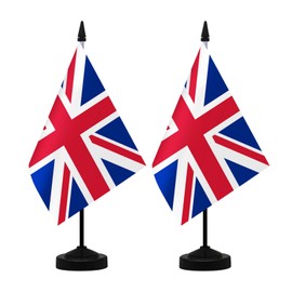 NQ UK Table Flag Set 21x14CM British Mini Flag with Stand Base, United Kingdom Flag, Union Jack Flag for Office Home Conference Holiday Decorations (2 Pack)