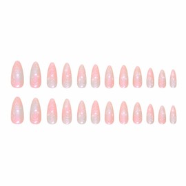 MERVF Almond Press on Nails Long Fake Nails Blue Pink Gradient Glue on Nails Star Press ons with Chrome Design Fantasy Stiletto Acrylic Nails 24pcs Glossy