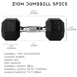 Zion Fitness Free Weights Dumbbells Set Coated Cast Iron Rubber Hex Dumbbell Pair Set of 2, 25 Pound