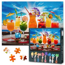 Jigsaw Puzzle 1000 Pieces Tropical Summer Beach Scene with Refreshing Colorful Drinks Vibrant Coastal Art Premium Paper Puzzle for Adults Relaxing Stress Relief Activity 27.5 x 19.7 Inches
