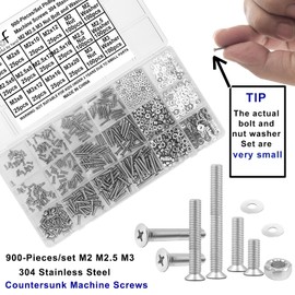 HanTof 900PCS Countersunk Head Screws Assortment Kit, M2 M2.5 M3 Bolts and Nuts Washers Set, Phillips Drive Flat Head Machine Screws, 304 Stainless Steel, Small Bolts Fully Threaded with Storage Box.