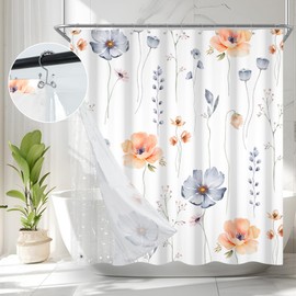 AWERT Floral Shower Curtain for Bathroom Navy Blue Beige Flower Shower Curtain with Liner 3 in 1 Shower Curtain Set Clear PEVA Liner with 12 Rust Proof Hooks 70x70 inch