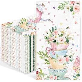 100PCS Tea Party Paper Napkins 3 Ply Disposable Hand Towels for Bathroom Spring Floral Tea Cup Guest Napkins Decorative Flower Teacups Dinner Napkins for Wedding Bridal Baby Shower Birthday Party