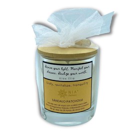 Vela Aromaterapia SÁNDALO PATCHOULLI. ARMONÍA y TRANQUILIDAD en tu ambiente. Vela de cera de Soya ELABORADA CON ACEITES ESENCIALES | Incluye 1 Vela 1 cuarzo y 1 instructivo para intencionar tu vela.