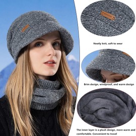 WANYIG Women's Winter Hat Knitted Hat with Scarf Autumn Women's Hats Winter Scarf and Hat Set with Visor / Soft Lining Lined, darkgray