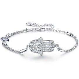 Fatima Hand Jewellery 925 Sterling Silver, Hand of Fatima Earrings and Hand of Fatima Bracelet with Devil's Eye, Lucky Presents for Women Jewellery, with Gift Box, 17 cm+5 cm, Sterling Silver