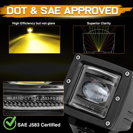 Niking Auto 3'' SAE Yellow Fog Lights LED Pods Cubes Light DOT Approved Off Road Driving Lights Street Legal Amber Light Bar Work Fog Lamp for Trucks Wrangler JK JL Ram 4X4 Pickup Boat Tacoma