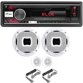 Pyle PLRM40F Single DIN LCD Display Bluetooth MP3/USB/AUX/AM/FM Radio Stereo Black Car Audio Receiver Bundle Combo with 2X 6.5 450 Watt Peak Power 2-Way White Marine Audio Component Speakers
