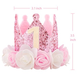 Kbrand Hat First Birthday 1st For Baby Girl Decoration Gifts Rose Gold Baby Pink Party Crown One Year Old Flowers Princess Pink 3inch