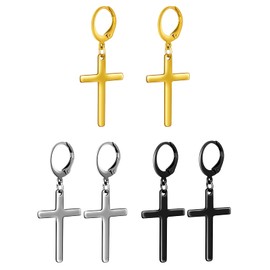 Feilok 3 Pairs Stainless Steel Cross Huggie Hoop Mens earrings studs Earrings Set Piecing Jewellery for Women Men unisex