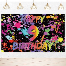 Joyiou Happy 9th Birthday Neno Glow in The Dark Backdrop Banner Sign Decorations for Girls Boys, Colorful Graffiti Splash Paint 9th Birthday Party Indoor Outdoor Decor Supplies (5x3ft)