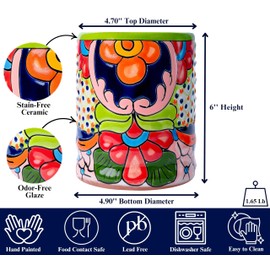 Talavera Utensil Holder – Hand Painted Ceramic Spoon Crock – Colorful Utensil Crock – Large Mexican Spoon Rest – 6" H (Green)