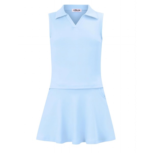 LIONJIE - Vestido de tenis y golf, sin mangas, con bolsillos, falda atlética y playera tipo polo, Azul-cielo, 11-12 Años
