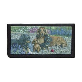 Gone Doggin Dachshund Checkbook Cover #2 Long Hair Dachshund artwork on Black Polyester Tight Weave checkbook cover - Dachshund Dog Breed Gifts
