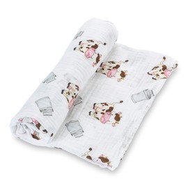 LollyBanks Muslin Swaddle Blanket | 100% Cotton |New Borns and Infants Blanket | Large 47 x 47 inches for Boys & Girls | Light Weight and Breathable | Pig, Cow & Barn Farm Print