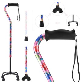 YOKABOZE Walking Cane for Women & Men, Folding Offset Quad Cane with 4 Pronged Base for Extra Stability and Balance, Adjustable Aluminum Walking Stick for Seniors