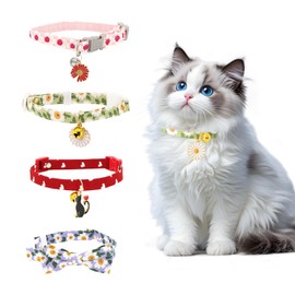 4 PCS Cat Collars for Girl Cats, Kitten Collar with Bell and Flower Pendant, Polyester Breakaway Cute Pet Cat Collar with Safety Buckle for Girl and Boy Cats (4 Styles)