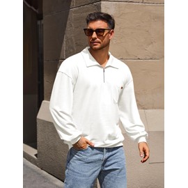 Yousify Men's Casual Quarter Zip Sweatshirt Lightweight Cotton Loose Fit Pullover Stylish Casual Polo Shirts with Pocket White