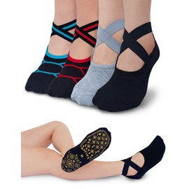 RATIVE X-Cross Anti Slip Non Skid Barre Yoga Pilates Hospital Socks with grips for Adults Men Women (Large, 2Line+2Plain)
