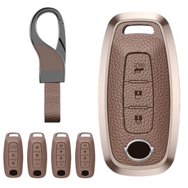 Durable Key Fob Cover with Keychain, Leather Sleeve and Metal Case Protector Compatible with Rogue Pathfinder Altima Armada Maxima Ariya Versa Murano Sentra Smart 3 4 Button Key Shell Accessories