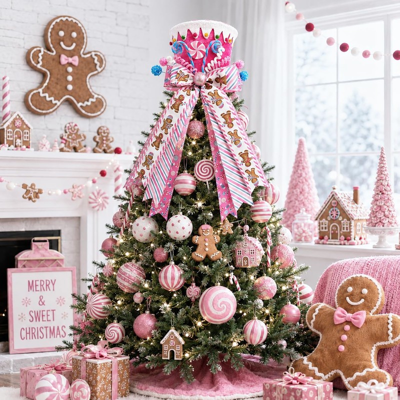 Pink Christmas Tree Topper Hat, Candy Gingerbread Tree Top Decoration