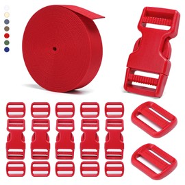 BEYOURD Buckle and Strap Set, 10 Yards Polyester Webbing Strap with 6 Pack Dual Adjustable Side Release Plastic Buckles, 12 Pieces Tri-Glide Slider Clips for Dog Collar (Everyday Series 1 Inch, Red)